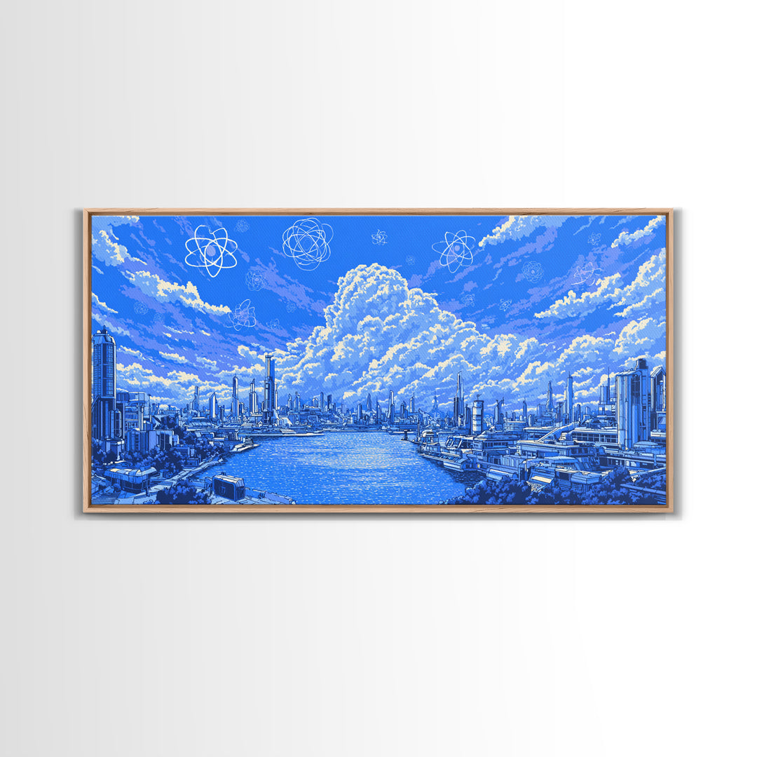 Blue Futuristic Harbor City With Atomic Clouds Wall Art, Modern Art Print, Midcentury Decor, Sci Fi Living Room Poster Gift