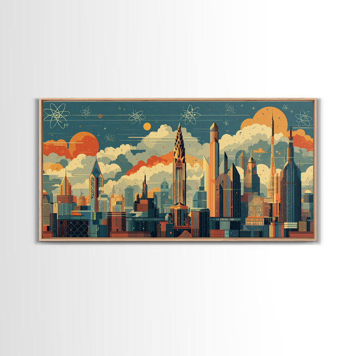 Retro Atomic Skyscraper City At Orange Sun Canvas Print, Midcentury Modern Wall Art, Space Age Skyline Office Decor Poster