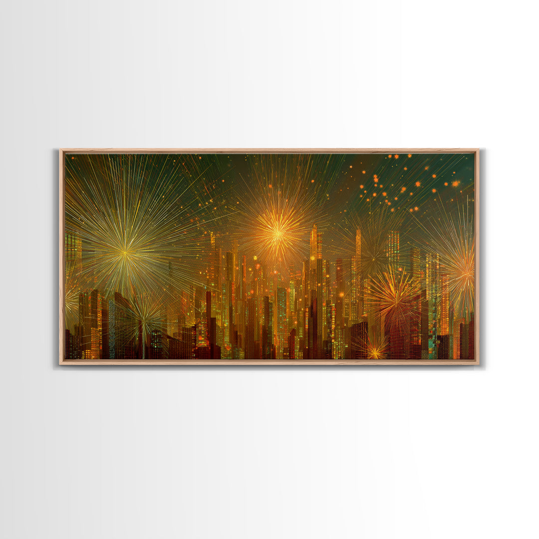 Golden Fireworks Futuristic City Skyline Framed Canvas Print, Modern Wall Art, Midcentury Retro Decor, Large Statement Poster