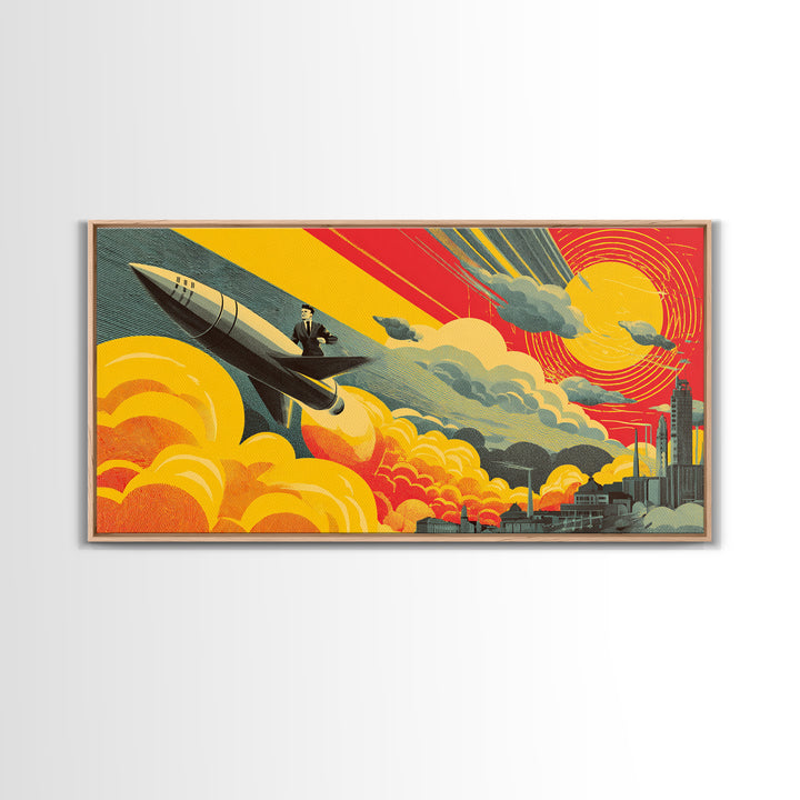 Rocket Commuter Cityscape Wall Art, Retro Futurism Poster, Midcentury Modern Decor, Atomic Space Age Office Print, Gift Idea