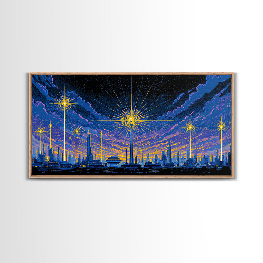 Blue Purple Night Skyline With Starburst Lights Canvas Print, Retro Sci Fi Wall Art, Midcentury Modern Cityscape Decor Poster