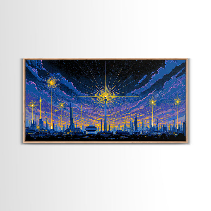 Blue Purple Night Skyline With Starburst Lights Canvas Print, Retro Sci Fi Wall Art, Midcentury Modern Cityscape Decor Poster