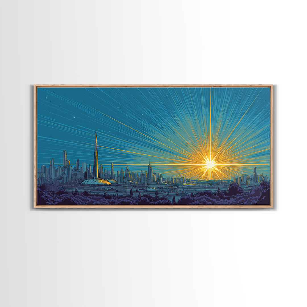 Futuristic Skyline Sunrise With Golden Rays, Mid Century Modern Wall Art, Retro Sci Fi Cityscape Print, Living Room Decor
