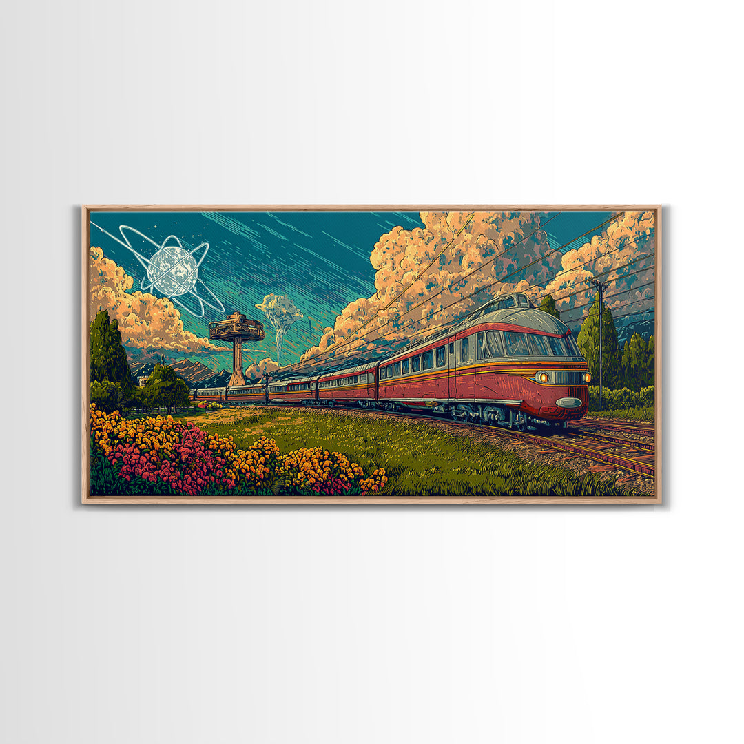 Red Passenger Train Through Flower Fields, Mid Century Modern Wall Art, Retro Travel Poster, Scenic Landscape Decor Print