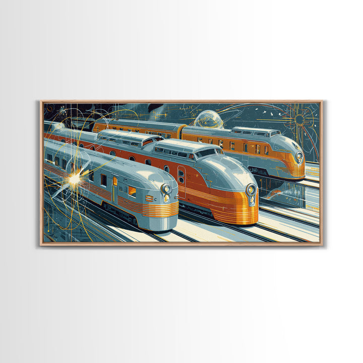 Silver Gold Futuristic Streamliner Trains, Mid Century Modern Wall Art, Atomic Railroad Poster, Retro Transportation Decor
