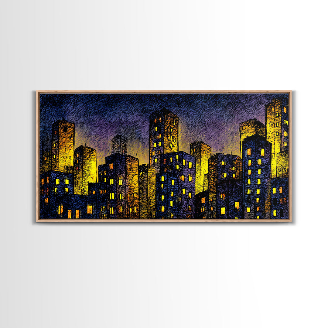 Golden Dusk City Skyline Wall Art, Blue Urban Nightscape, Modern Abstract Art Print, Office Decor, Living Room Wall Decor