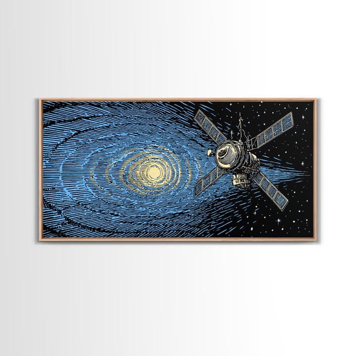 Blue Starfield Satellite With Solar Waves, Mid Century Modern Wall Art, Retro Sci Fi Space Poster, Cosmic Abstract Decor