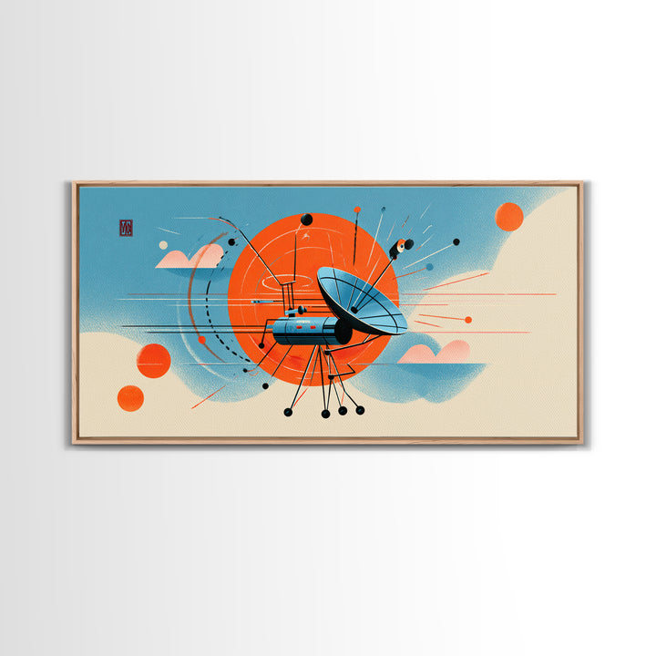 Retro Satellite Dish With Orange Sun Canvas Print, Midcentury Modern Wall Art, Atomic Space Poster, MCM Office Decor Gift
