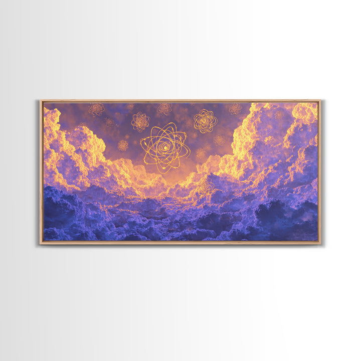 Glowing Atomic Symbols In Purple Clouds Wall Art, Modern Abstract Art Print, Celestial Sky Poster, Colorful Bedroom Decor