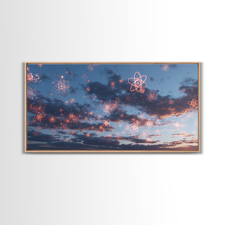 Sparkling Atomic Fireworks Over Dusk Clouds Wall Art, Modern Abstract Art Print, Cosmic Sky Poster, Blue Pink Bedroom Decor