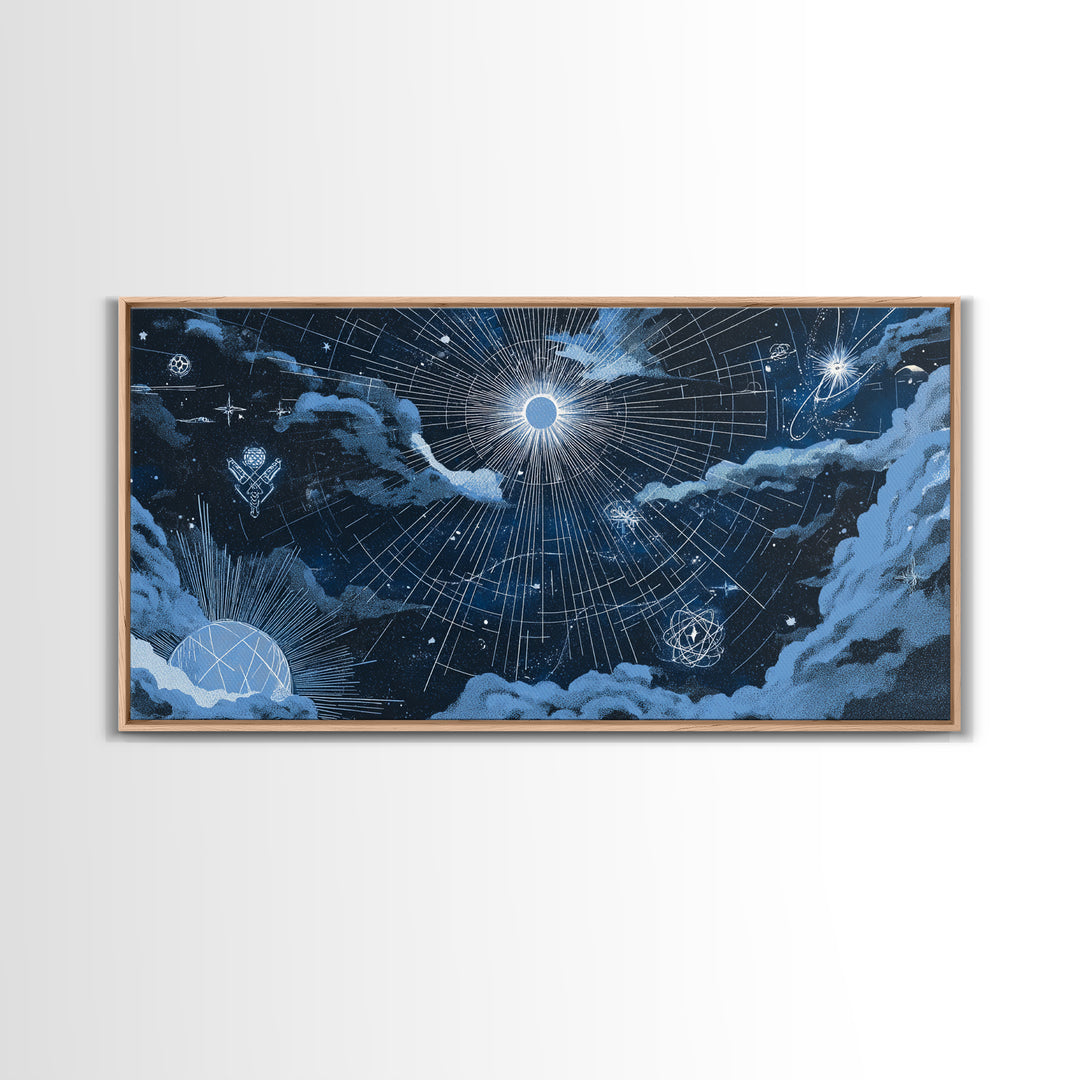 Blue Celestial Grid With Moonlit Clouds Canvas Print, Modern Wall Art, Sci Fi Space Poster, Navy Home Office Decor Gift Print