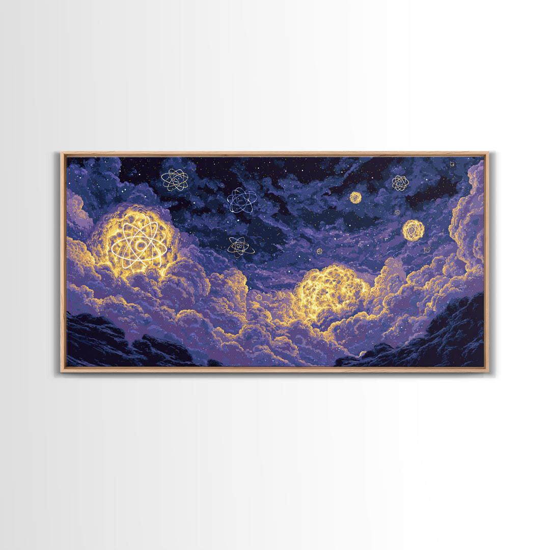 Glowing Atom Clouds In Pixel Night Sky Canvas Print, Modern Abstract Wall Art, Retro Space Poster, Purple Bedroom Decor Gift
