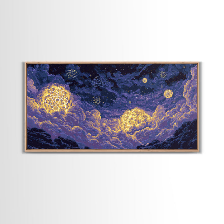Glowing Atom Clouds In Pixel Night Sky Canvas Print, Modern Abstract Wall Art, Retro Space Poster, Purple Bedroom Decor Gift