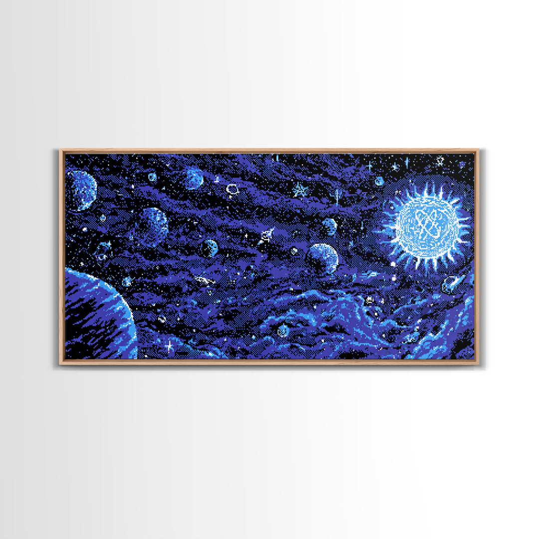 Pixel Space Landscape With Blue Planets Wall Art, Retro Sci Fi Poster, Modern Digital Art Print, Cosmic Game Room Decor Gift