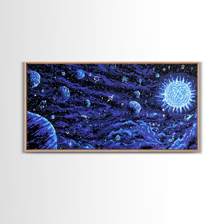 Pixel Space Landscape With Blue Planets Wall Art, Retro Sci Fi Poster, Modern Digital Art Print, Cosmic Game Room Decor Gift