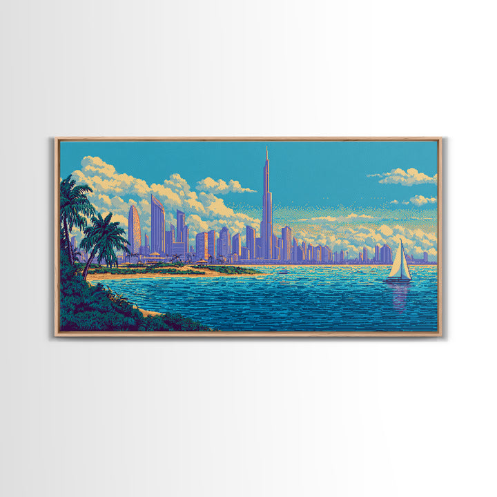 Futuristic Coastal Skyline With Palm Trees Canvas Print, Modern Wall Art, Retro Travel Poster, Tropical Living Room Decor