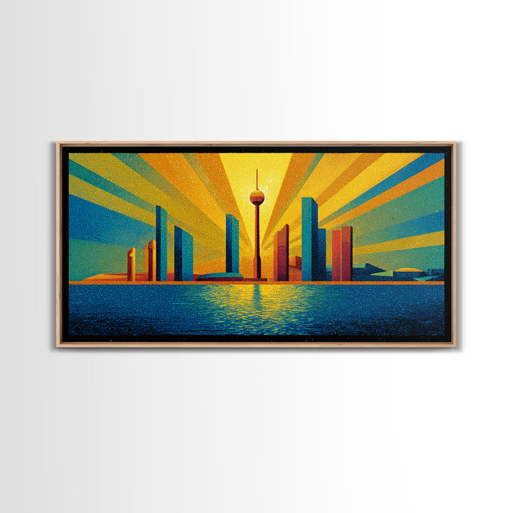 Bold Seattle Skyline Sunrise Wall Art, Mid Century Modern Abstract Cityscape, Space Needle Poster, Retro Geometric Decor