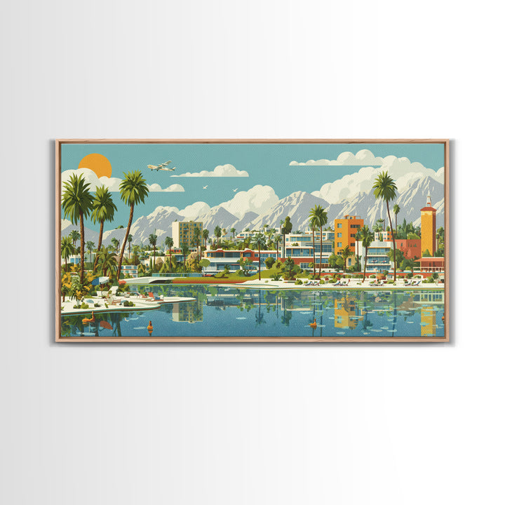 Palm Springs Lagoon With Palms And Mountains Wall Art, Mid Century Modern Desert Travel Poster, Colorful MCM Home Decor Print