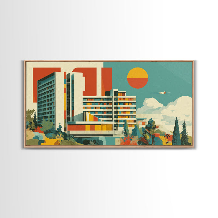 Bauhaus Modernist Hotel Architecture Canvas Print, Mid Century Modern Wall Art, Geometric Orange Sun Poster, MCM Decor Print