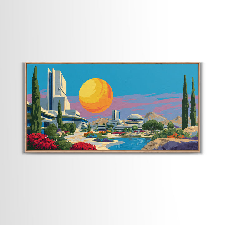 Futuristic Desert Resort With Pool And Giant Sun Wall Art, Mid Century Modern Landscape Poster, Retro Sci Fi Architecture Decor