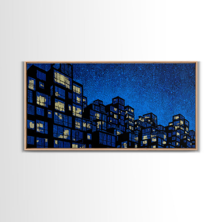 Electric Blue High Rise Wall Art, Geometric City Apartments, Midcentury Modern Decor, Retro Urban Print, Statement Wall Decor