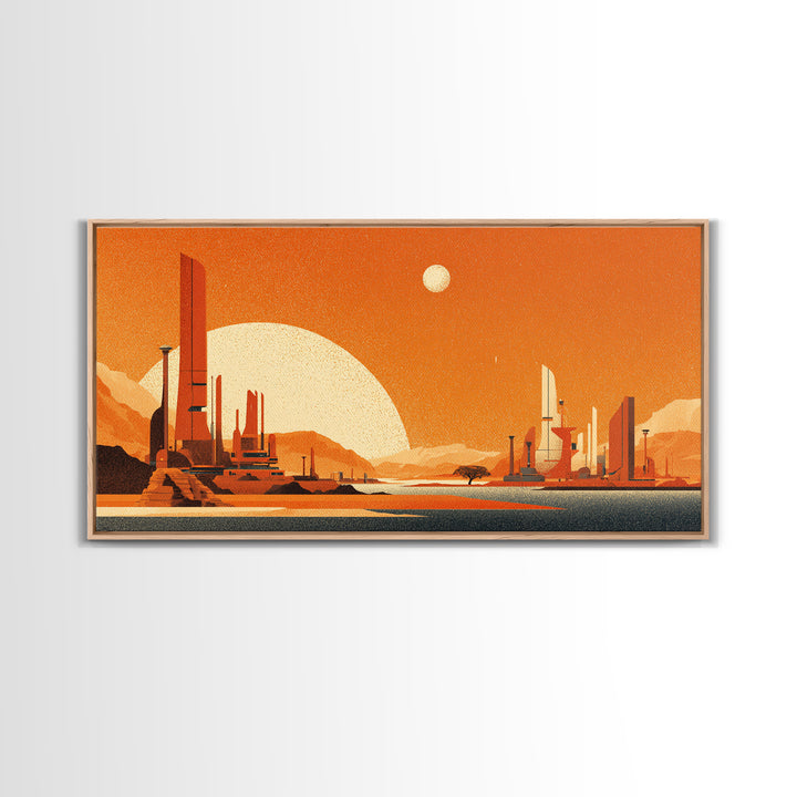 Orange Futuristic Desert City Wall Art, Midcentury Modern Sci Fi Landscape, Retro Space Poster, MCM Living Room Decor, Orange Art Print