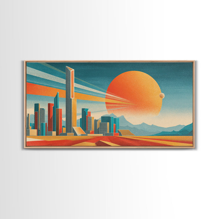 Teal Orange Futuristic Skyline Canvas Print, Midcentury Modern Cityscape, Retro Space Poster, Modern Wall Decor, Large MCM Art