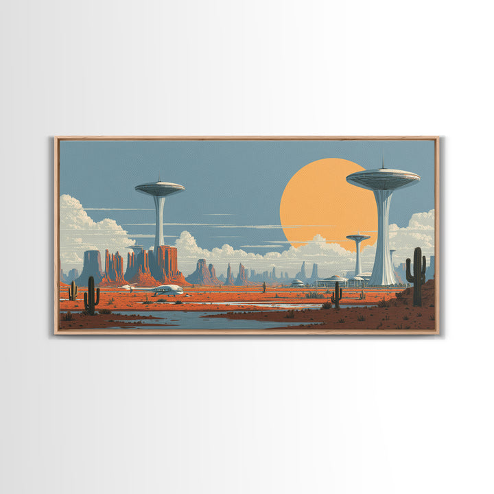 Alien Desert UFO Towers Framed Canvas Print, Midcentury Modern Sci Fi Landscape, Retro Wall Art, Cactus Decor, MCM Poster