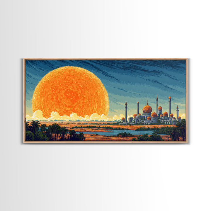 Giant Sun Desert Palace Wall Art, Midcentury Modern Landscape, Islamic Architecture Poster, Orange Blue Living Room Decor