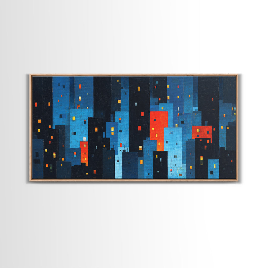Red And Blue Abstract City Canvas Print, Blocky Urban Skyline, Midcentury Modern Art, Geometric Wall Decor, Home Office Art Print