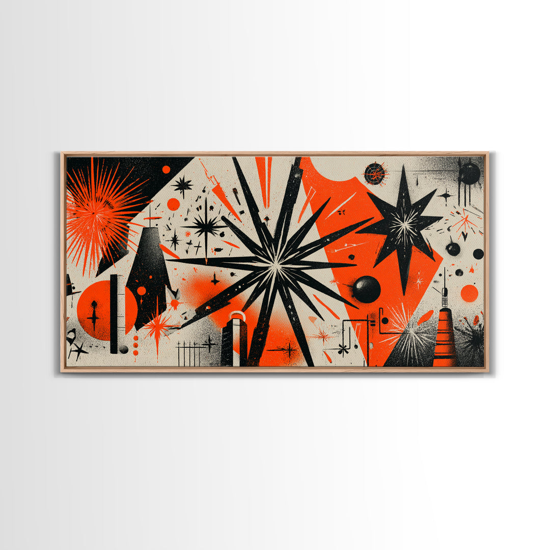 Orange Black Atomic Starburst Wall Art, Midcentury Modern Abstract, Retro 50s Space Age Poster, MCM Geometric Wall Decor