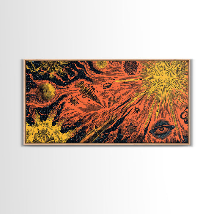 Orange Cosmic Rocket And Eye Canvas Print, Midcentury Modern Space Art, Retro Sci Fi Poster, Atomic MCM Wall Decor, Groovy Home Decor