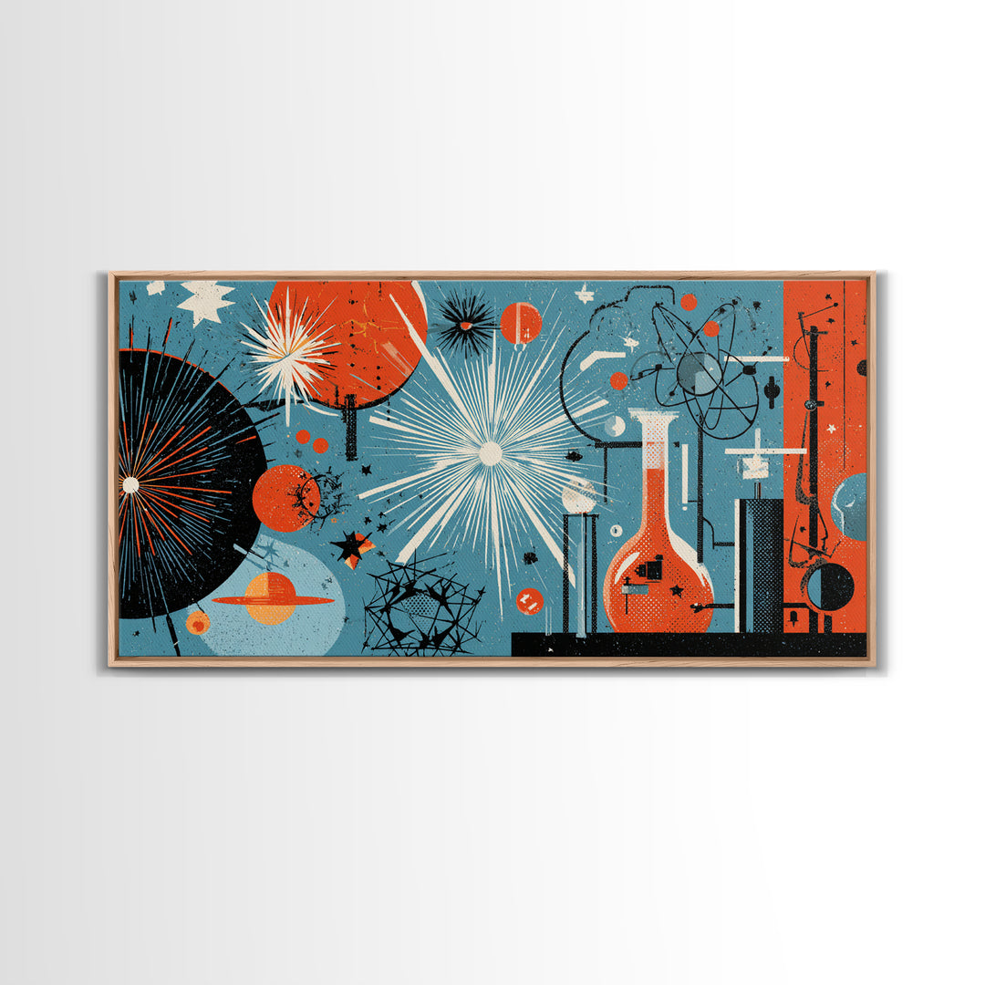 Blue Orange Atomic Laboratory Wall Art, Midcentury Modern Art Print, Retro Science Poster, Geometric MCM Home Decor, Living Room Decor