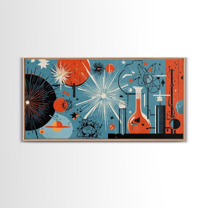 Blue Orange Atomic Laboratory Wall Art, Midcentury Modern Art Print, Retro Science Poster, Geometric MCM Home Decor, Living Room Decor