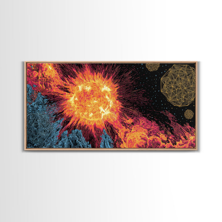 Fiery Solar Flare Sun And Asteroids Canvas Print, Modern Abstract Art, Retro Space Poster, Cosmic Wall Decor, Sci Fi Gift