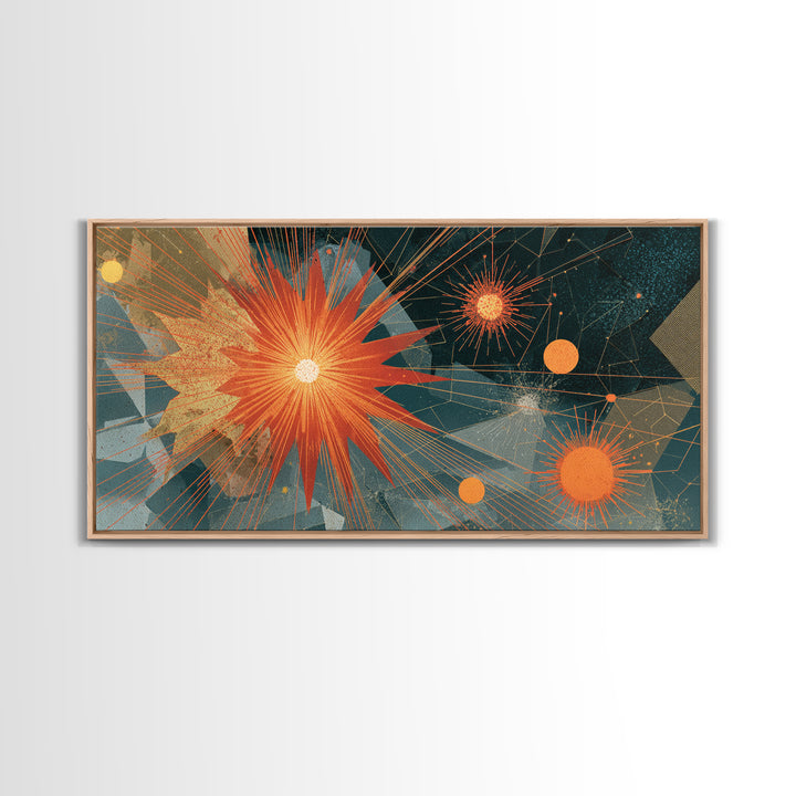 Orange Teal Geometric Starburst Framed Canvas Print, Midcentury Modern Abstract Art, Retro MCM Wall Decor, Home Office Decor