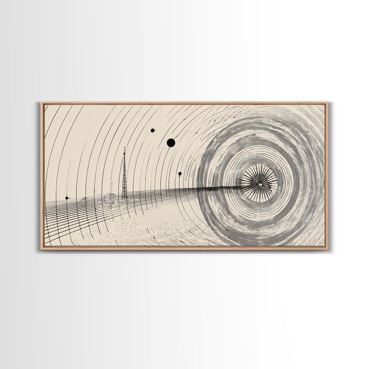 Black Beige Radar Wave Perspective Op Art Wall Art, Minimalist Geometric Art Print, Modern Abstract Poster, Office Home Decor