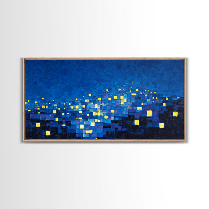 Pixelated Blue City Lights Wall Art, Abstract Night Skyline, Modern Art Print, MCM Wall Decor, Living Room Statement Decor