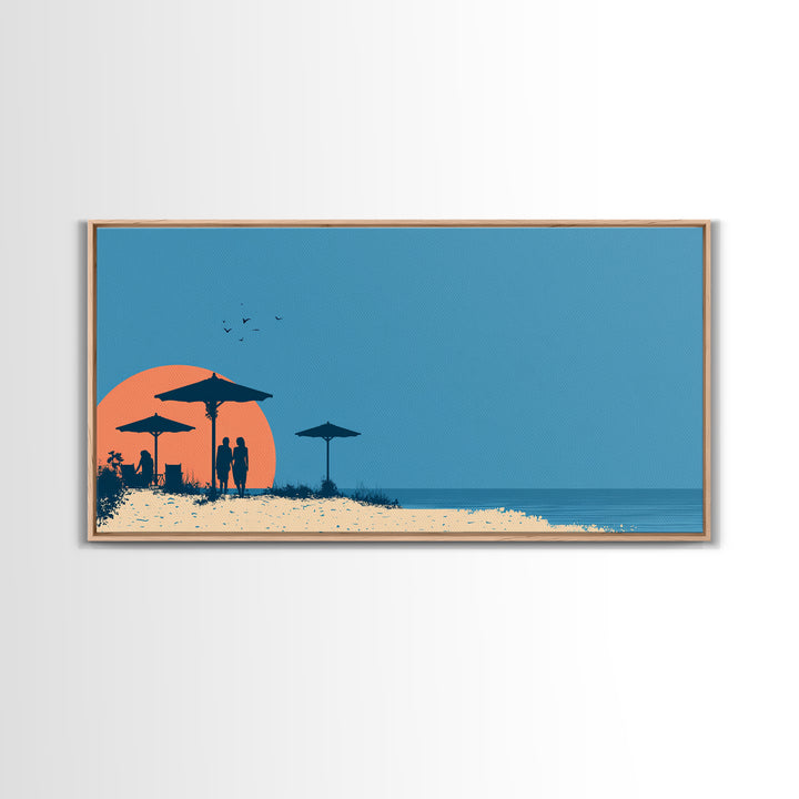 Orange Sunset Beach Wall Art, Silhouette Umbrellas And Couple Print, Retro Coastal Poster, Modern Tropical Decor For Bedroom