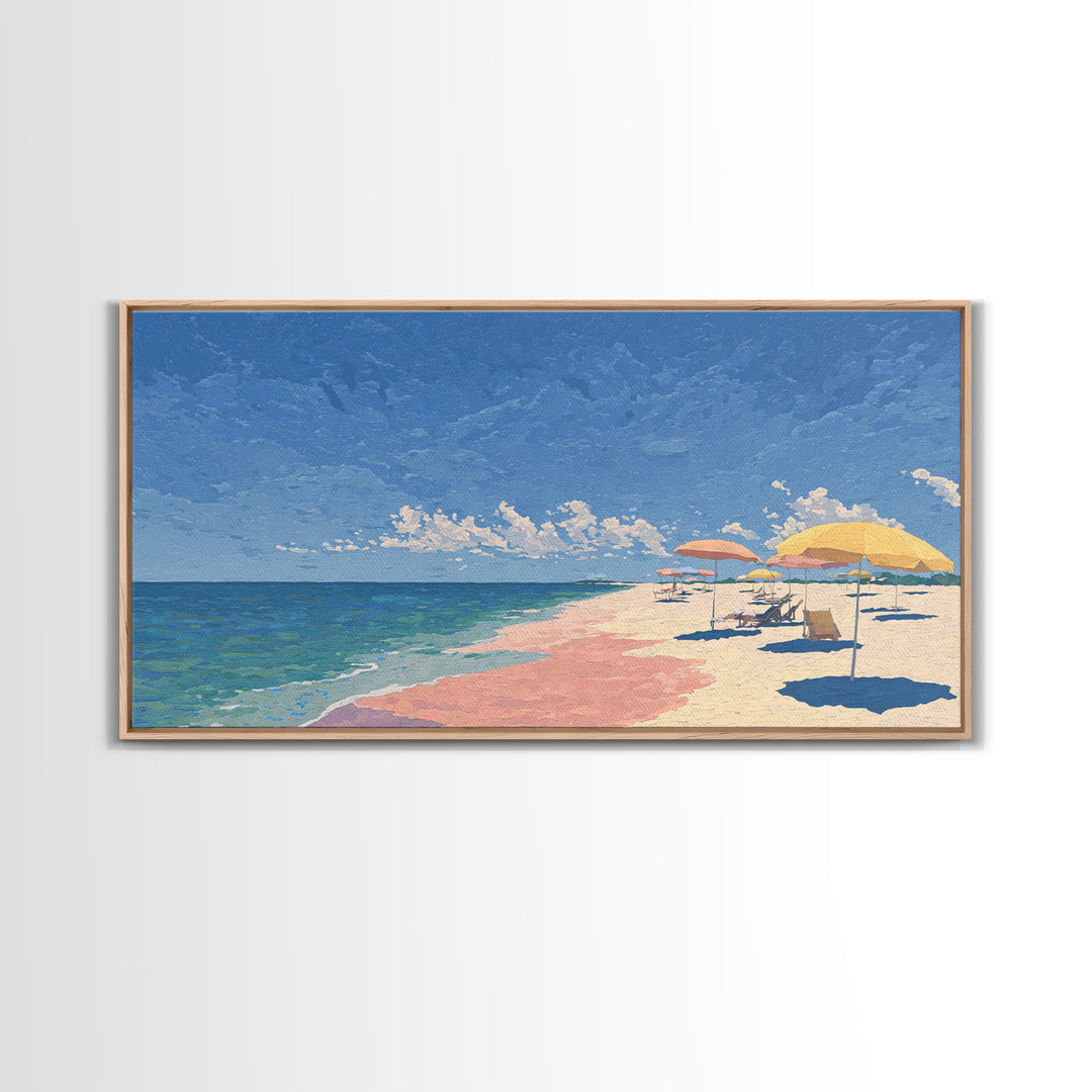 Pastel Ocean Beach Canvas Print, Pink Sand Umbrella Landscape, Coastal Modern Wall Art, Soft Summer Decor For Bedroom And Office