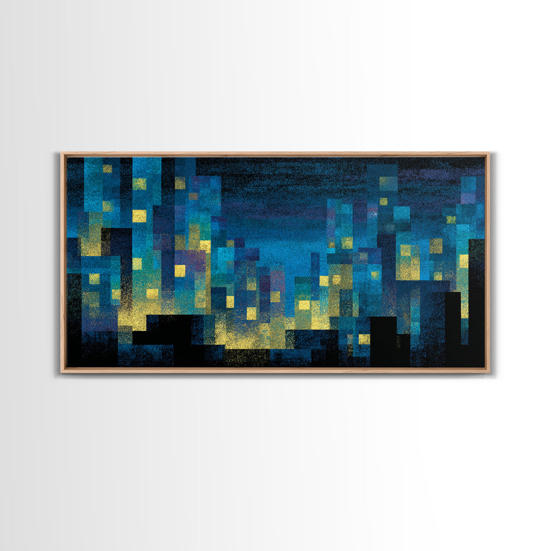 Teal Pixel City Skyline Canvas Print, Glowing Urban Nightscape, Modern Abstract Art, Blue Wall Decor, Home Office Art Print