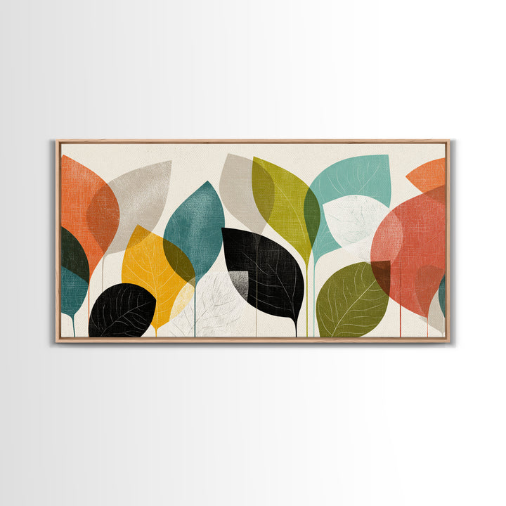 Abstract Overlapping Leaves In Teal Orange Yellow Wall Art, Midcentury Modern Botanical Print, Retro Living Room Decor Gift