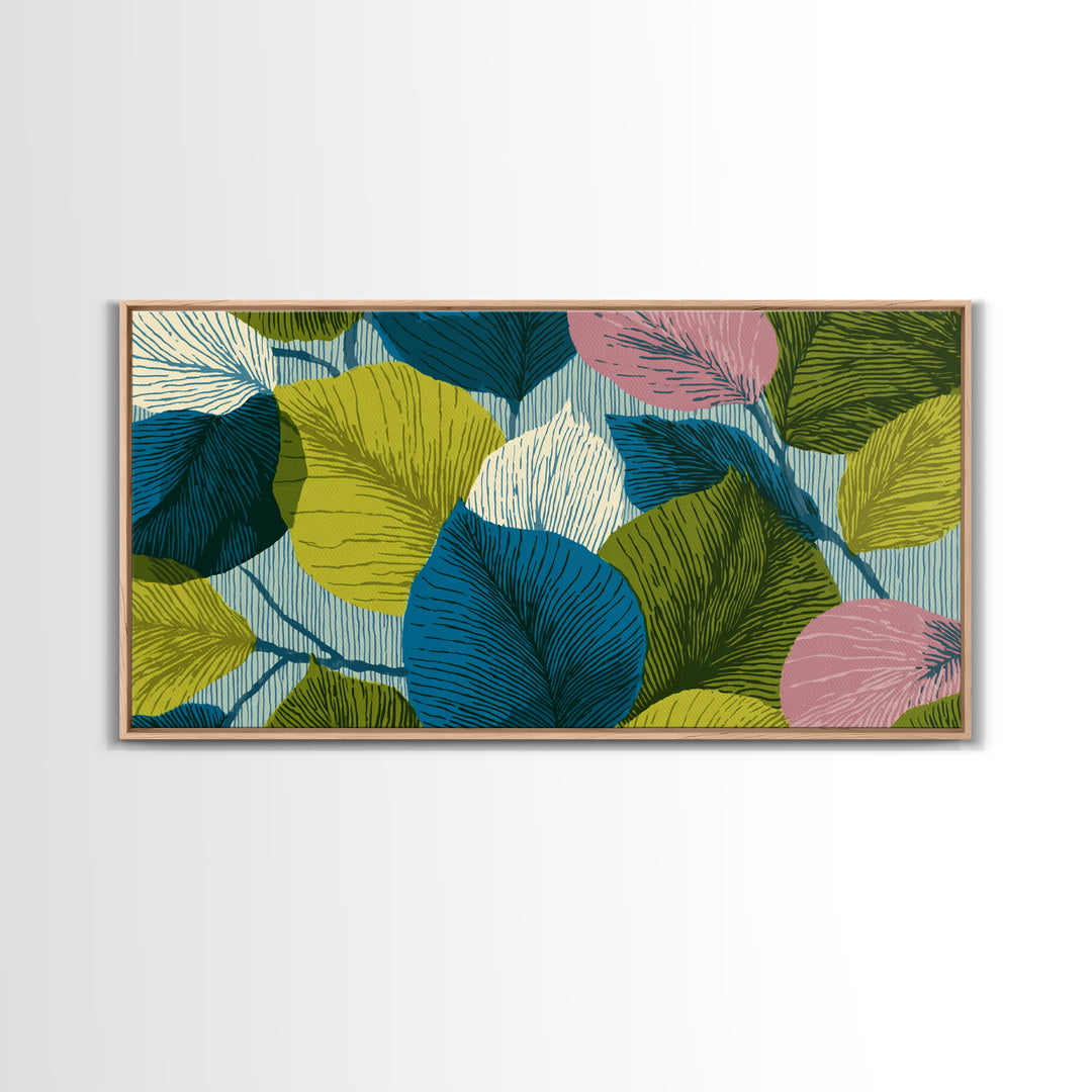 Layered Ginkgo Leaves In Blue Green Pink Canvas Print, Midcentury Modern Botanical Wall Decor, Colorful Living Room Art Print