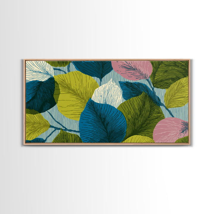 Layered Ginkgo Leaves In Blue Green Pink Canvas Print, Midcentury Modern Botanical Wall Decor, Colorful Living Room Art Print