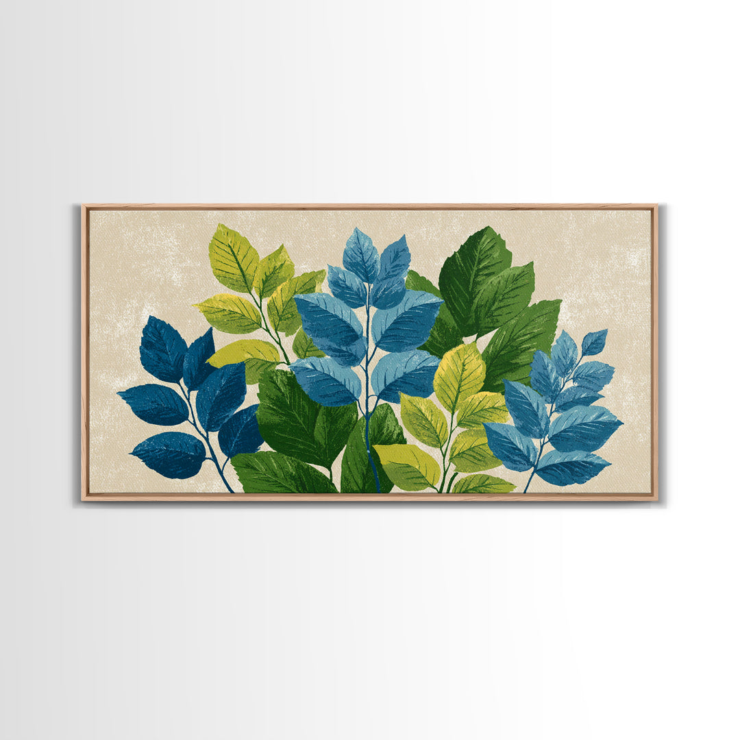 Blue Green Botanical Branches With Textured Leaves Wall Art, Midcentury Modern Nature Print, Calm Bedroom Office Decor Gift