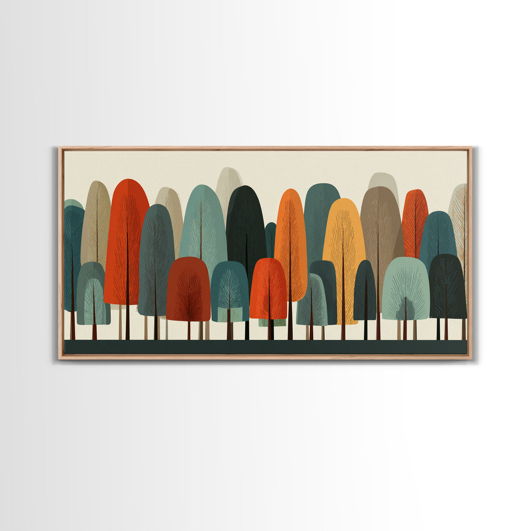 Minimal Rounded Tree Grove In Orange Teal Mustard Wall Art, Midcentury Modern Forest Print, Retro Nursery Or Office Decor