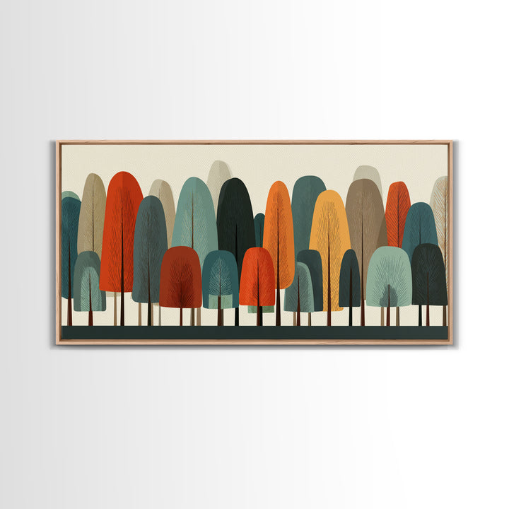 Minimal Rounded Tree Grove In Orange Teal Mustard Wall Art, Midcentury Modern Forest Print, Retro Nursery Or Office Decor
