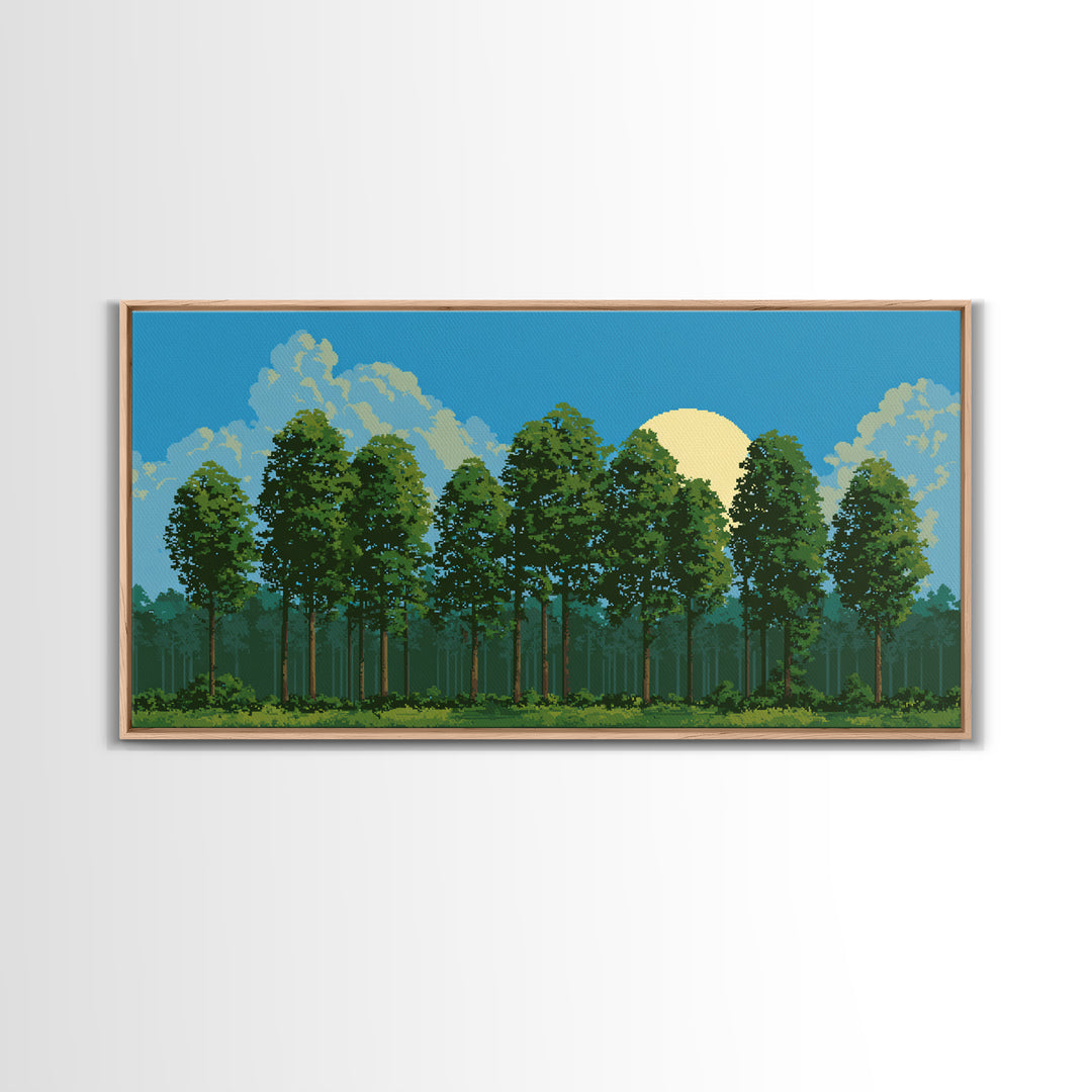 Sunlit Green Forest Landscape With Moonrise Canvas Print, Nature Wall Art, Retro Scenic Living Room And Cabin Decor Gift
