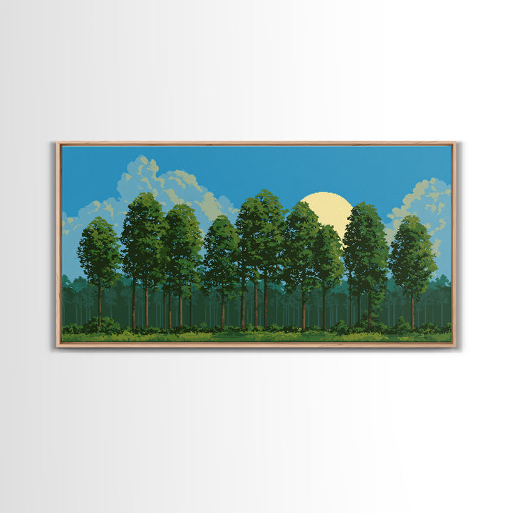 Sunlit Green Forest Landscape With Moonrise Canvas Print, Nature Wall Art, Retro Scenic Living Room And Cabin Decor Gift