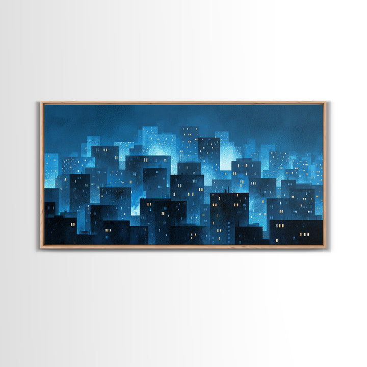Misty Blue Urban Skyline Framed Canvas Print, Snowy City Lights, Modern Wall Art, Large Abstract Decor, Office Wall Art Print